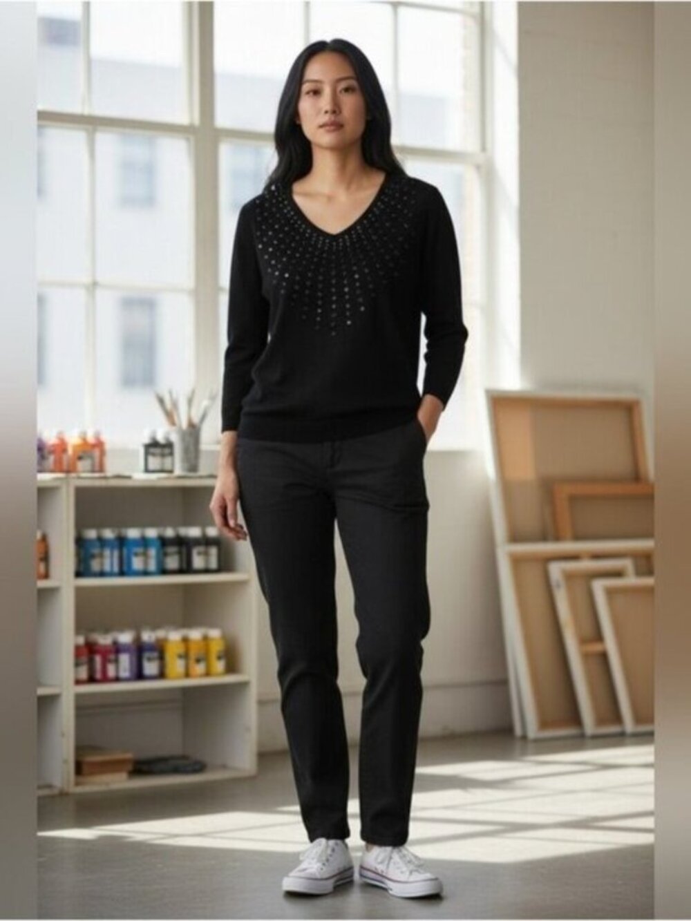Sweaterworks Sequined Fine Knit V-neck Sweater Black Size Medium